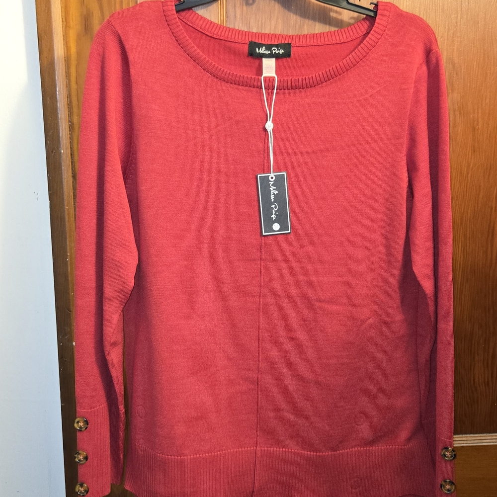 Nwt Melissa Paige Bright Red Crewneck Sweater with Button Cuff Detail